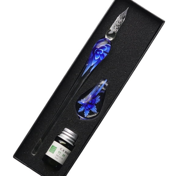Shulemin Glass Dip Pen,Floral Vintage Glass Dip Signature Fountain Pen Ink Writing Tool Stationery Gift Dark Blue
