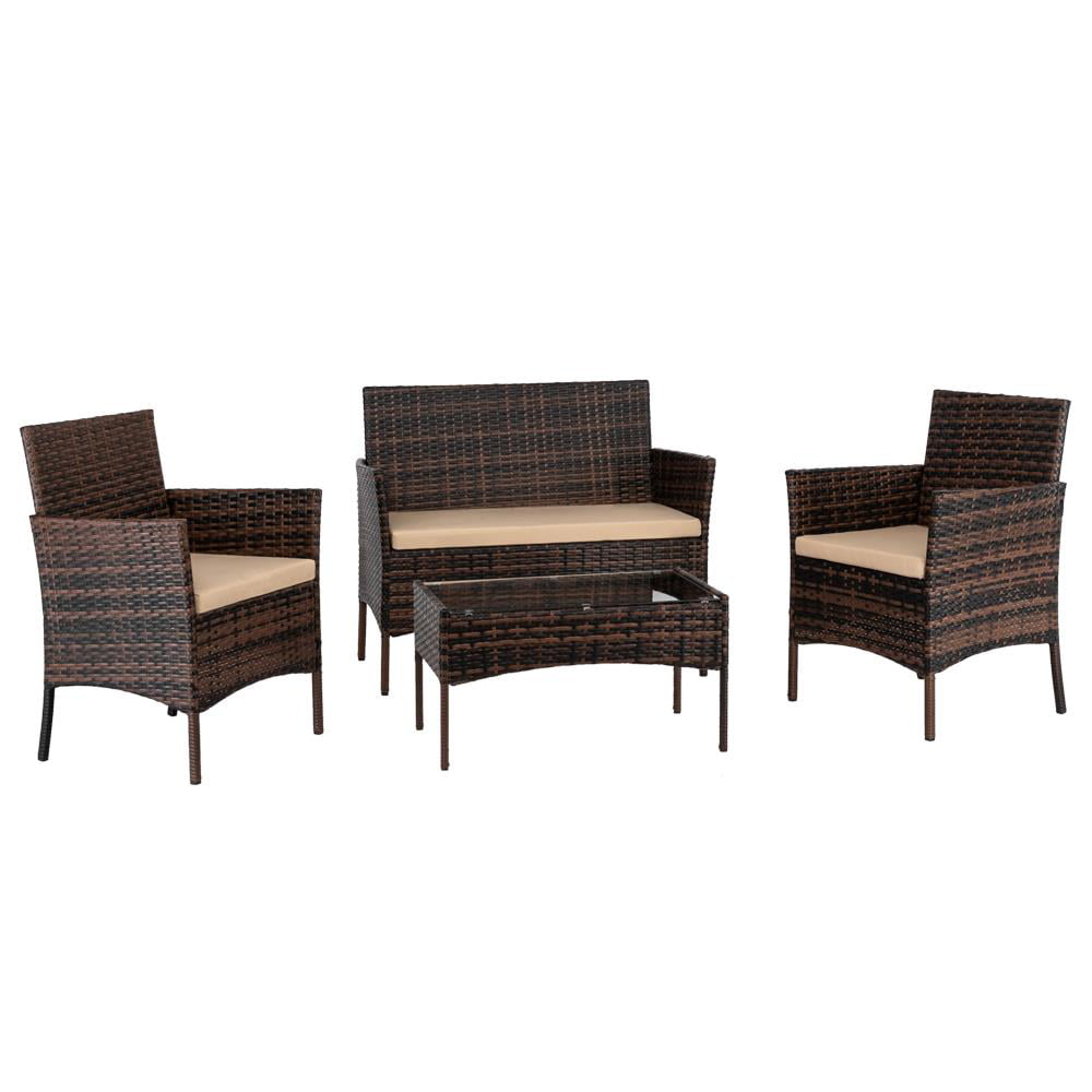 UBesGoo 4-Piece Rattan Wicker Patio Conversation Furniture Set w/ Weather-Resistant Cushions - Brown