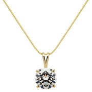 14K Solid Yellow Gold Pendant Necklace | Round Cut Cubic Zirconia Solitaire | 2.0 Carat | 16 Inch .60mm Box Link Chain | With Gift Box
