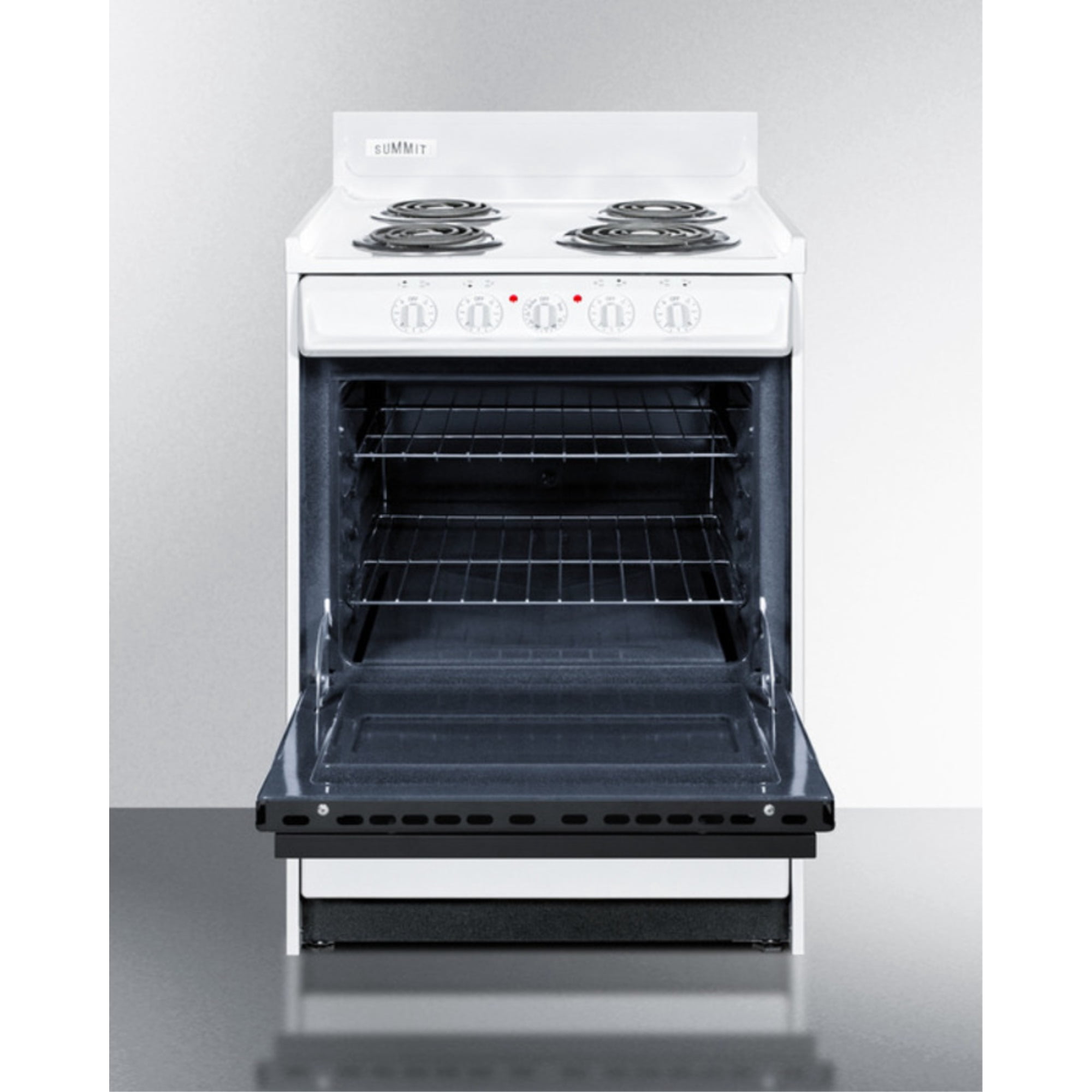 24" wide electric coil top range in white with black door, oven window, and high backguard