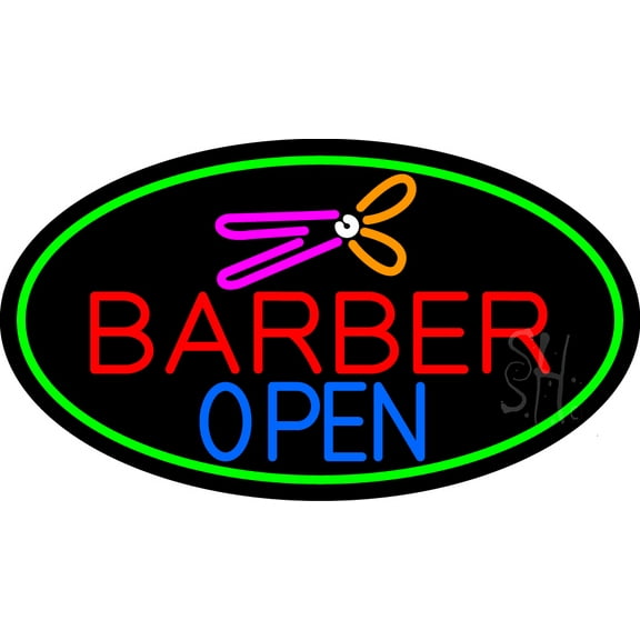 Barber Open With Green Border LED Neon Sign 20 x 37 - inches, Black Square Cut Acrylic Backing, with Dimmer - Bright and Premium built indoor LED Neon Sign for Defence Force.