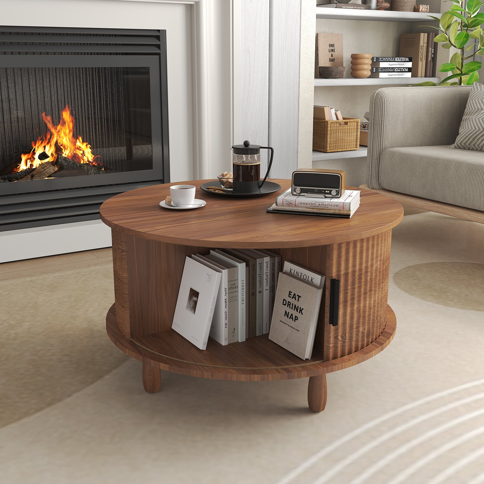 Strafriture Round Coffee Table with Storage, 30.7" Modern Coffee Table with 360° Curved Sliding Door, Fluted Wood Coffee Table with Footpads, Round Center Table for Living Room, Walnut