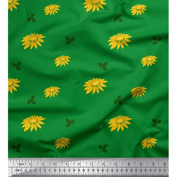 Soimoi Green Velvet Fabric Leaves & Sunflower Floral Print Fabric by Yard 58 Inch Wide