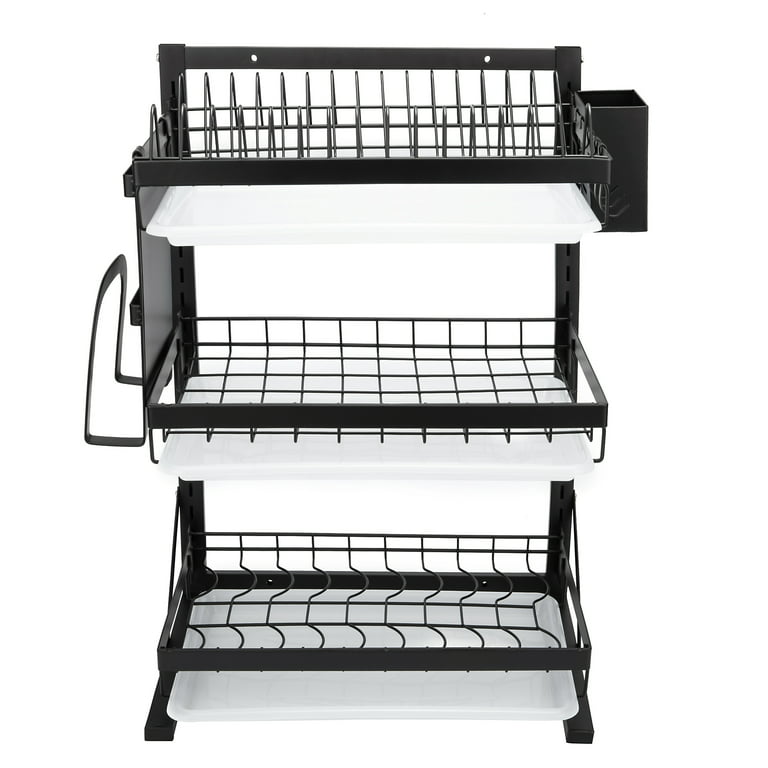  BOOSINY Dish Drying Rack for Kitchen Counter, 2 Tier Large Dish  Drainer with Drainboard Set, Cutlery Holder, Cutting Board Holder and Extra  Dryer Mat (Black - 304 Stainless Steel)