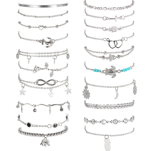 20 PCS Women's Anklets Bracelets, Adjustable Beach Anklet Set, Heart Star Turtle