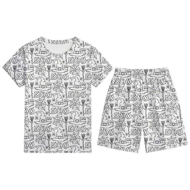 TIWEKE Tenues & Ensembles pour Garçons Ensemble de Pyjama Halloween Manches Courtes Col Rond Shorts Vêtements de Nuit Confortables Imprimé DIY Décontracté pour Garçons et Filles, Tailles 4-5 Ans