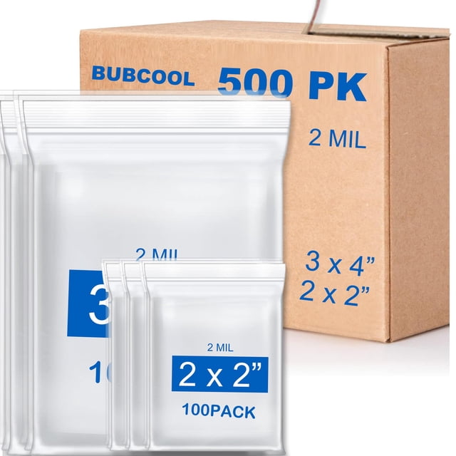 Bolsas plásticas bubcool, 500 unidades, tamaños 2x2 cm y 3x4 cm, con cierre resellable
