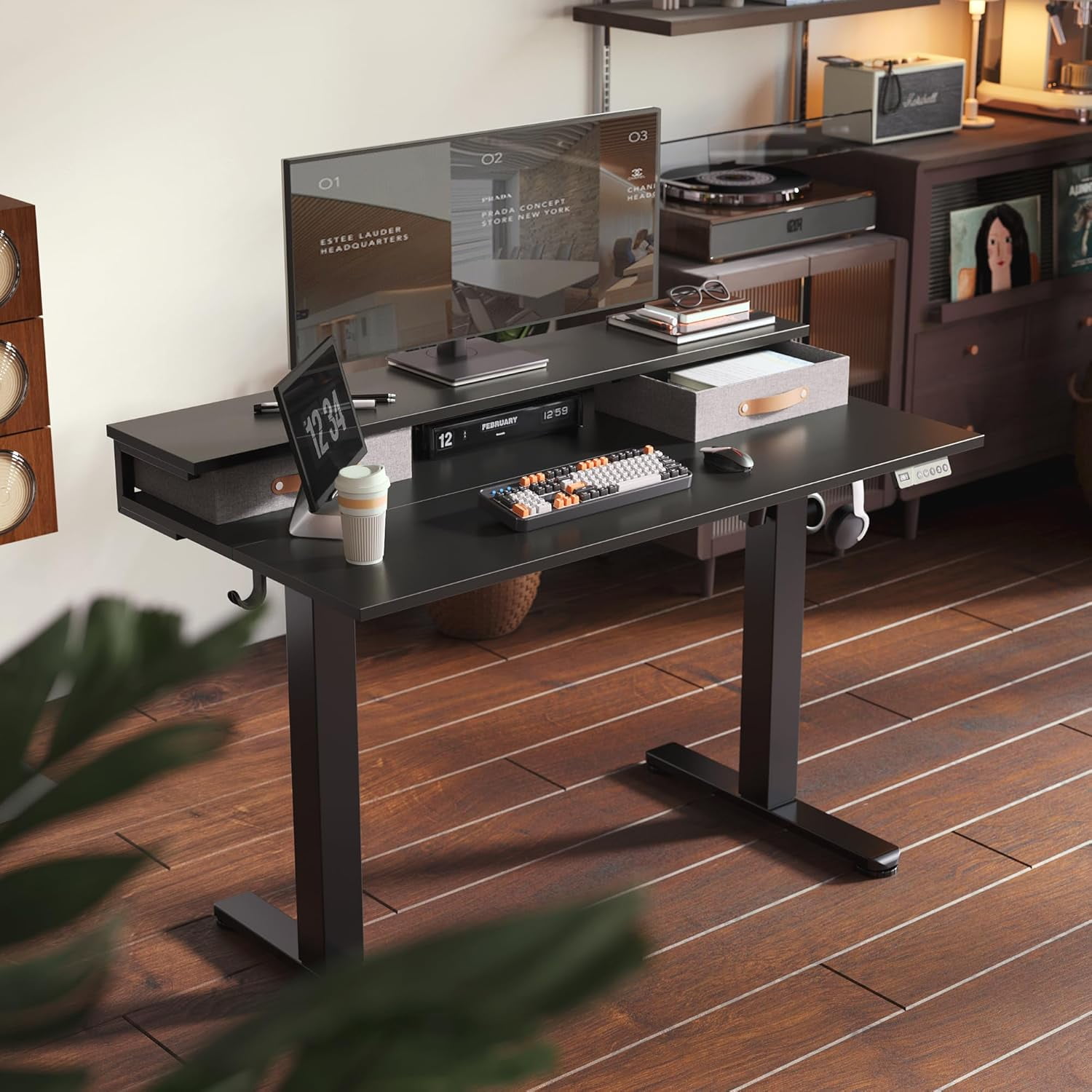 Claiks Electric Standing Desk with 2 Drawers, Adjustable Standing Desks with Storage, Height Adjustable Stand up Desk for Home Office with 2 Hooks,55 Inch Black