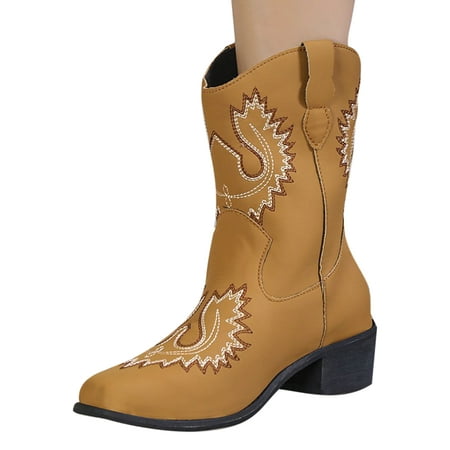 

Lacyhop Womens Work Non-Slip Western Cowgirl Boots Casual Square Toe Mid Calf Boot Pull On Wide-Calf Shoes Khaki 7