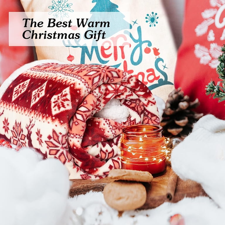 2-Pack Christmas Sherpa Throw Blankets - Red & White Reindeer Snowflake Pattern, 50"x60", Flannel & Fleece