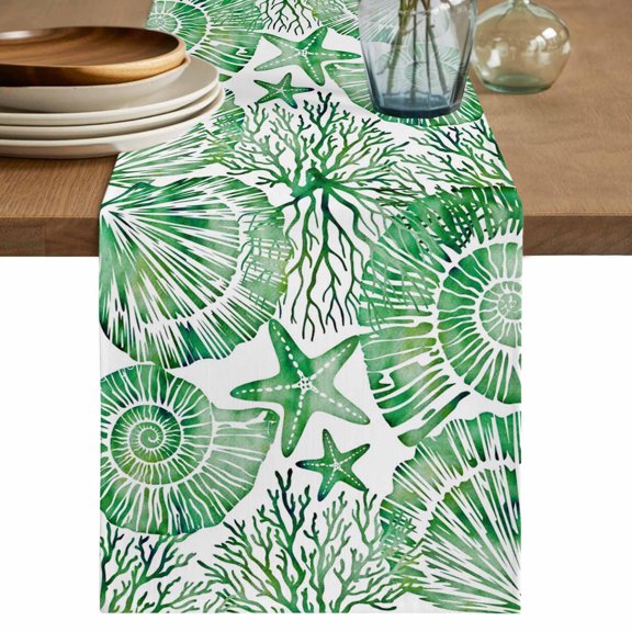 Green Coastal Table Runner 36 Inches, Summer Beach Nautical Starfish Shell Coral Bed Runner Dresser Scarves Tabletop for Indoor Outdoor Parties/Ceremony/Banquet, 13"x 36"