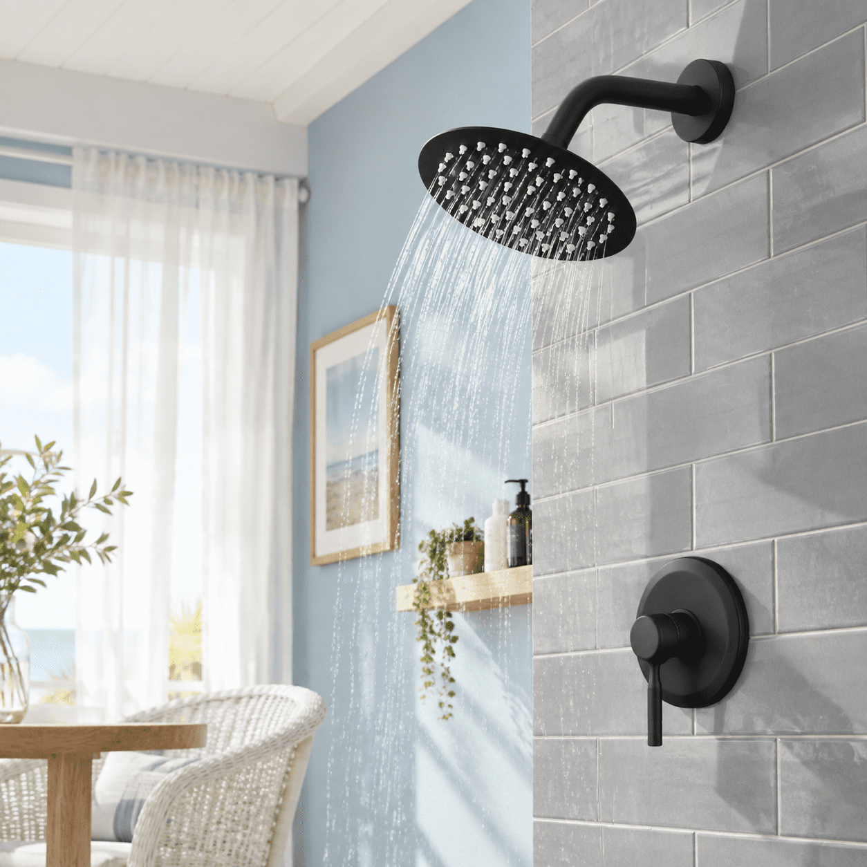 Matte Black Classic 6 Inch High Rain Shower Head And Faucet Valve Trim ...