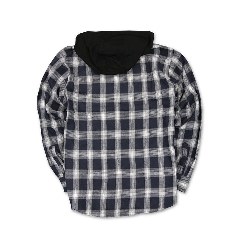 Men's Buffalo Plaid Hooded Flannel Shirt (Navy/White, Medium