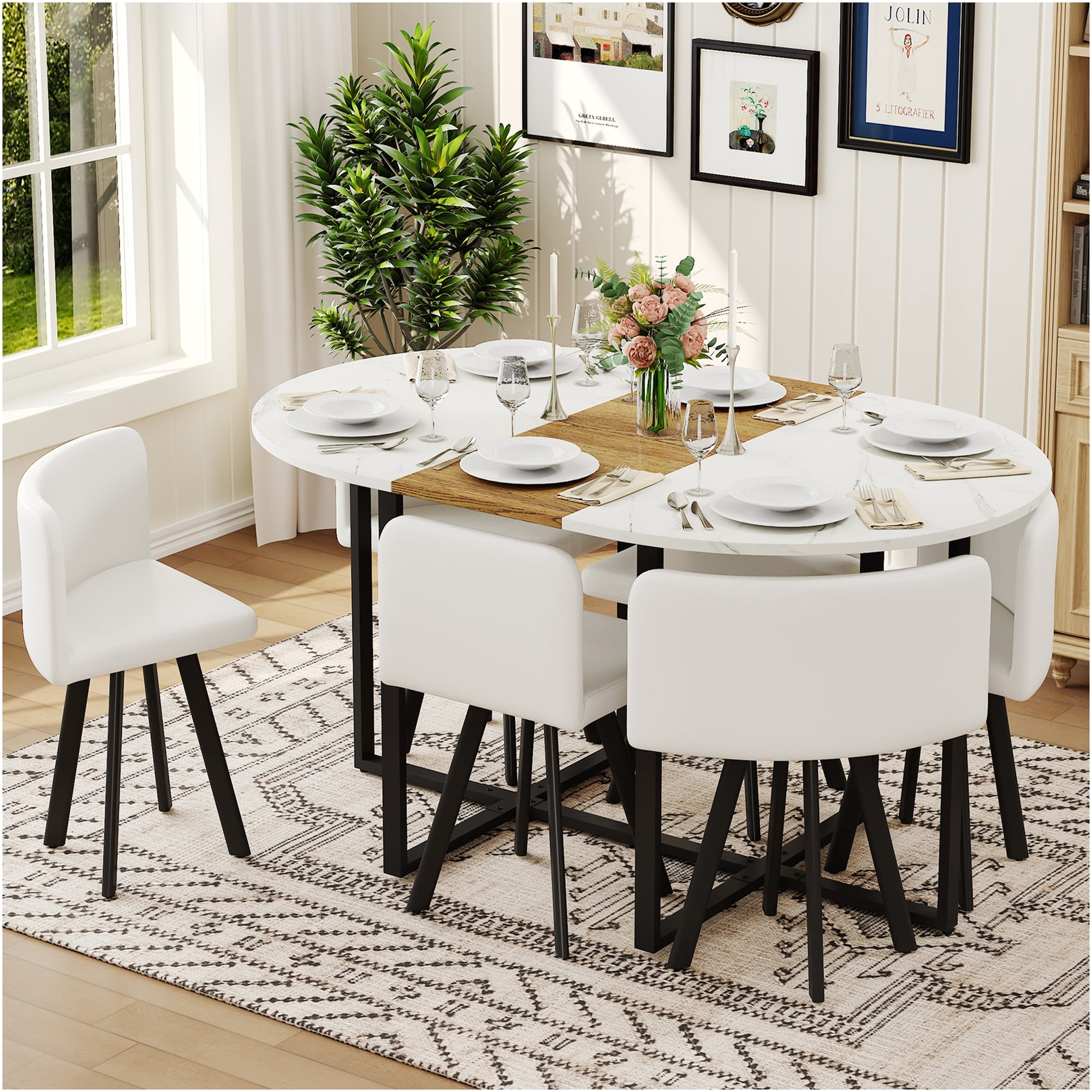 JERFIT 7-Piece White Oval Dining Table Set with 6 Chairs Modern Faux Marble and Wood Grain Tabletop PU Leather Upholstered Seating Space-Saving Kitchen Dining Room Furniture for 6