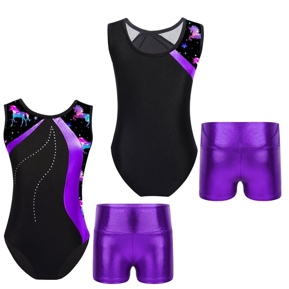 iiniim Kids Girls Rhinestone Floral Dance 2 Piece Sleeveless Leotards with Metallic Shorts Sets Tracksuit Purple 4