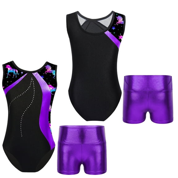 iiniim Kids Girls Rhinestone Floral Dance 2 Piece Sleeveless Leotards with Metallic Shorts Sets Tracksuit Purple 10