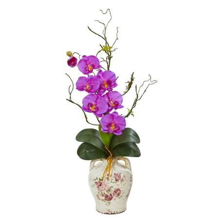 Antique White Twigs - Nearly Natural Phalaenopsis Orchid and Twig Artificial Arrangement in Floral Jar