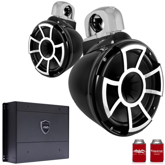 Wet Sounds REV10B-FC-SA 10" Black Tower Speakers with Silver Aluminum Fixed Clamps & SYN-DX4 800 Watt Amplifier