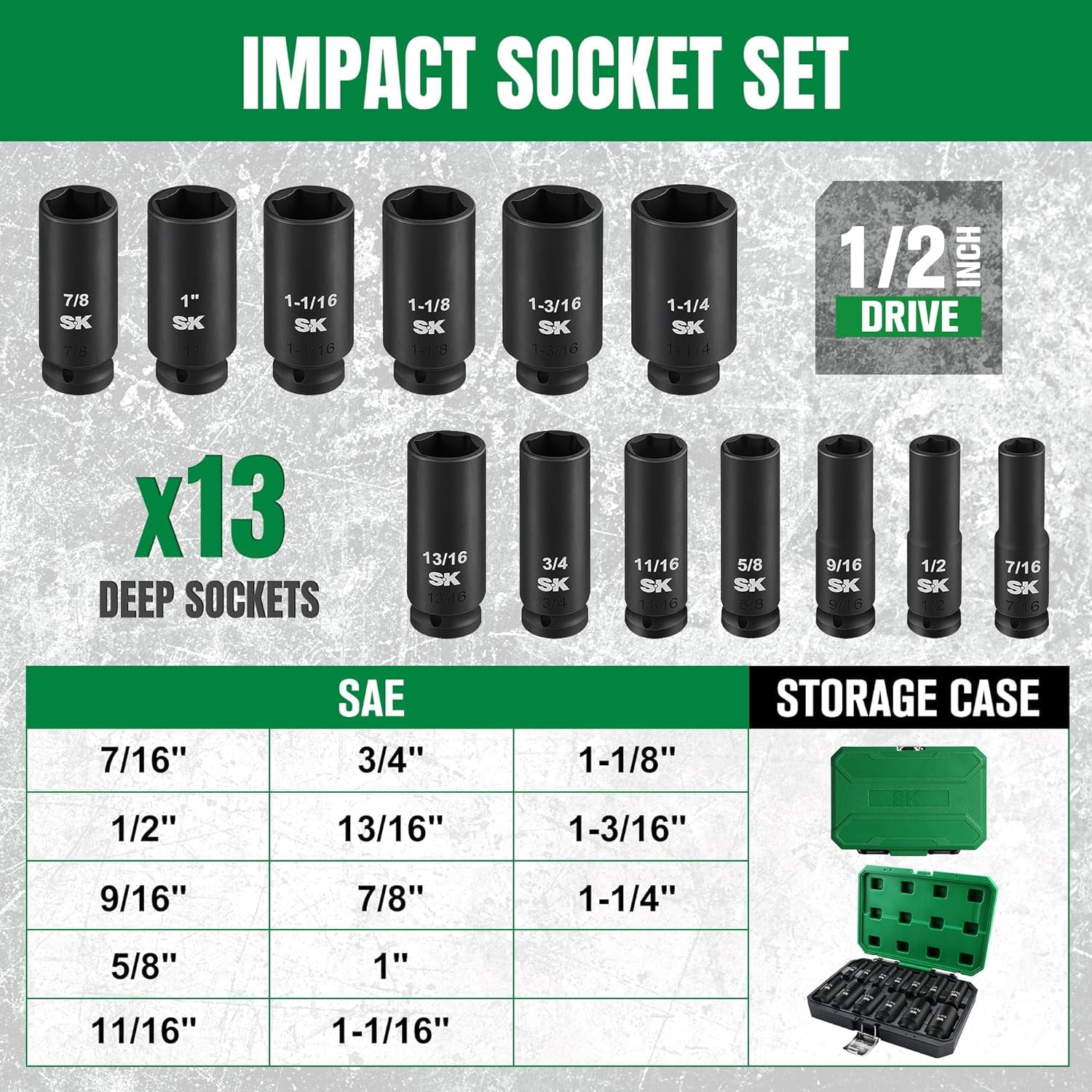 SK 1/2" Drive Impact Socket Set, Deep SAE Sockets, 13-Piece 7/16" to 1-1/4", Premium CR-MO Steel, SureGrip 6 Point Design, With Storage Case