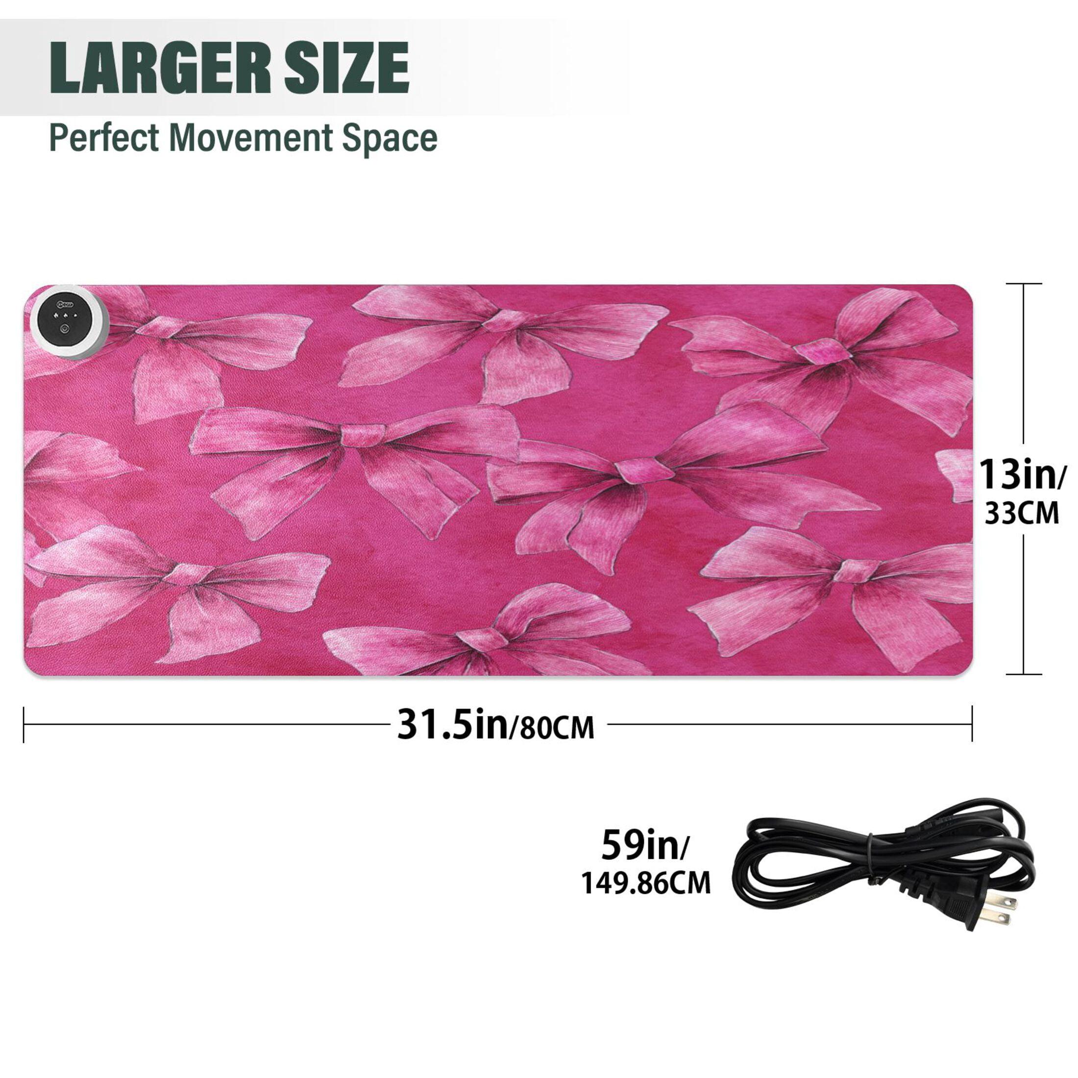 Large Heated Desk Mat Mouse Pad 31.5"x13"PU Leather Graphene Heating Desk Warmer with 3 Temperature Settings 110V US Plug Non-Slip Warm Pad for Home, Office, and Gaming Watercolor Beautiful Pink Bows