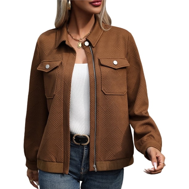 Abrigo de Invierno Corto Informal de Ante Sintético para Mujer, con Cremallera, Cuello en Contraste y Forro , con Bolsillos Marrón M