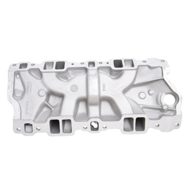 Edelbrock Intake Manifold 2101 Performer; For Use With 1986 And Earlier Chevy 262-400 Engines; Single 4 Barrel; Square Bore/Spread Bore Flange; Dual Plane; Idle-5500 RPM; Satin; Aluminum; Non-EGR