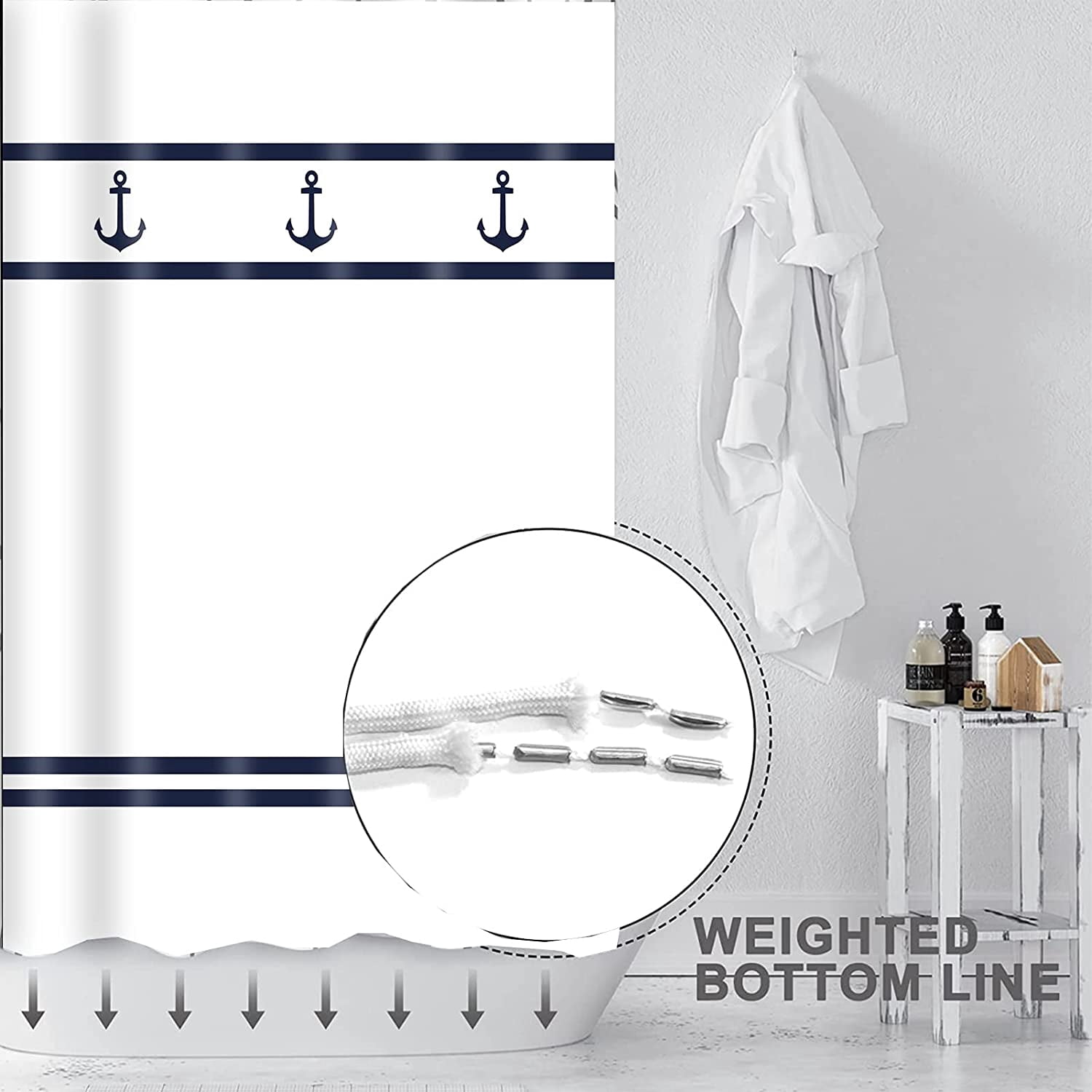 Navy Anchor Shower Curtain Sets for Bathroom, Blue White Striped Shower Curtains, Nautical Themed Bath Curtain Water Resistant, Polyester Fabric,Machine Washable with 12 Hooks 72x72in