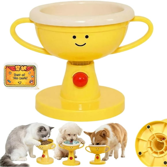 Adjustable Elevated Cat Bowl & Small Pet Feeder, Cute Trophy Shape Pet Dish, Cat Food and Water Bowl with 5 Adjustable Heights & 30° Tilt Angle, Ceramic or ABS Bowl (Ceramics)