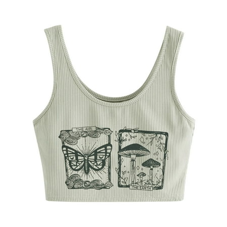 

Womens Tops Clearance under $10 Ladies Casual Vests Blouses Bustier Vest Butterfly Mushroom Graphic Crop Corset Bandeau Ribbed Camisole Tank Vests