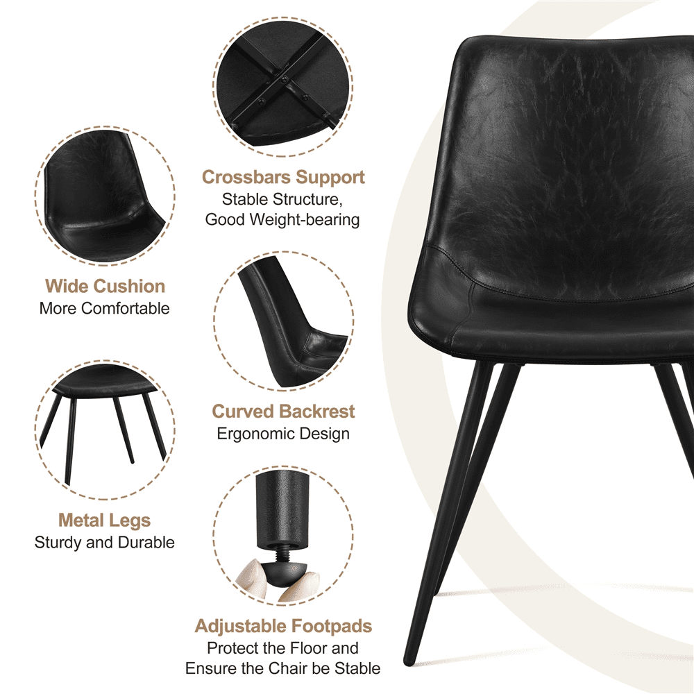 Alden Design 2PCS Faux Leather Dining Chairs with Metal Legs for Dining Room, Black