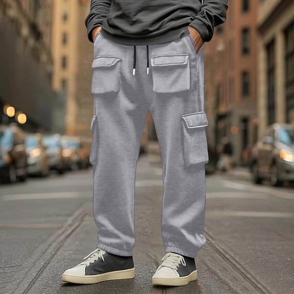 PNTUTB Men's Solid Color Athletic Casual Comfort Elastic Waist Drawstring Cuffed Work Pants with Multiple Pockets
