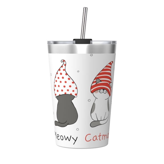 PAYOHTO Four Cute Cats Insulated Stainless Steel Tumbler 12 oz Thermos Come with Straw Kids Leak-Proof Travel Mug Cup