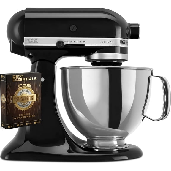 KitchenAid Artisan Series 5 Quart Tilt Head Stand Mixer with Pouring Shield KSM150PS, Onyx Black Bundle with Deco Essentials Exclusive CPS 1 Year Extended Protection Pack