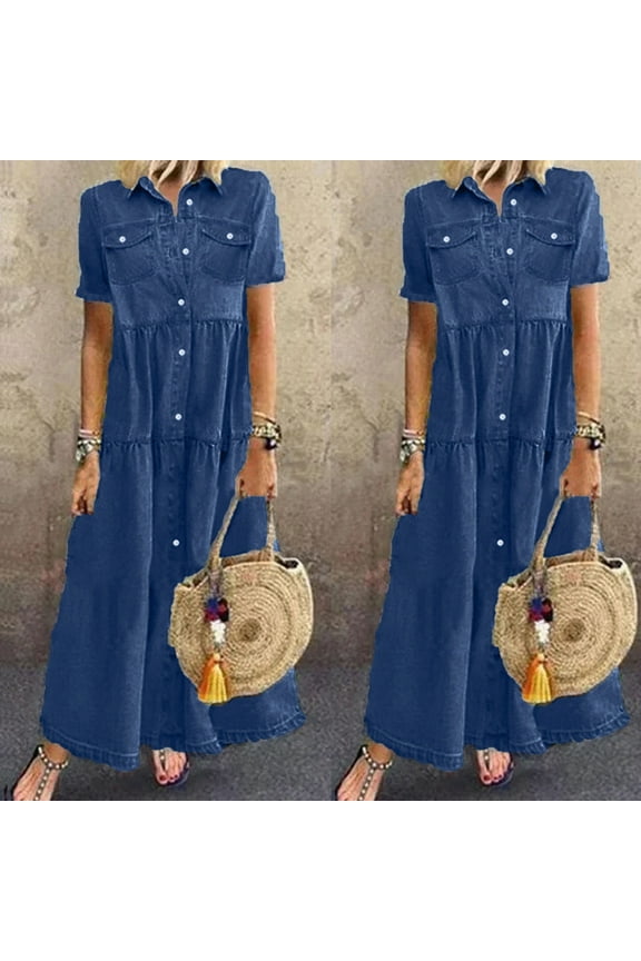 Womens Summer Short Sleeve Button Down Long Denim Dress Casual Loose Fit Maxi Shirt Dress with Pockets Dark Blue XXXL