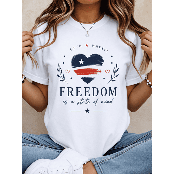 Women's Patriotic Freedom Graphic T-Shirt Heart Print Casual Short Sleeve Crew Neck Tee