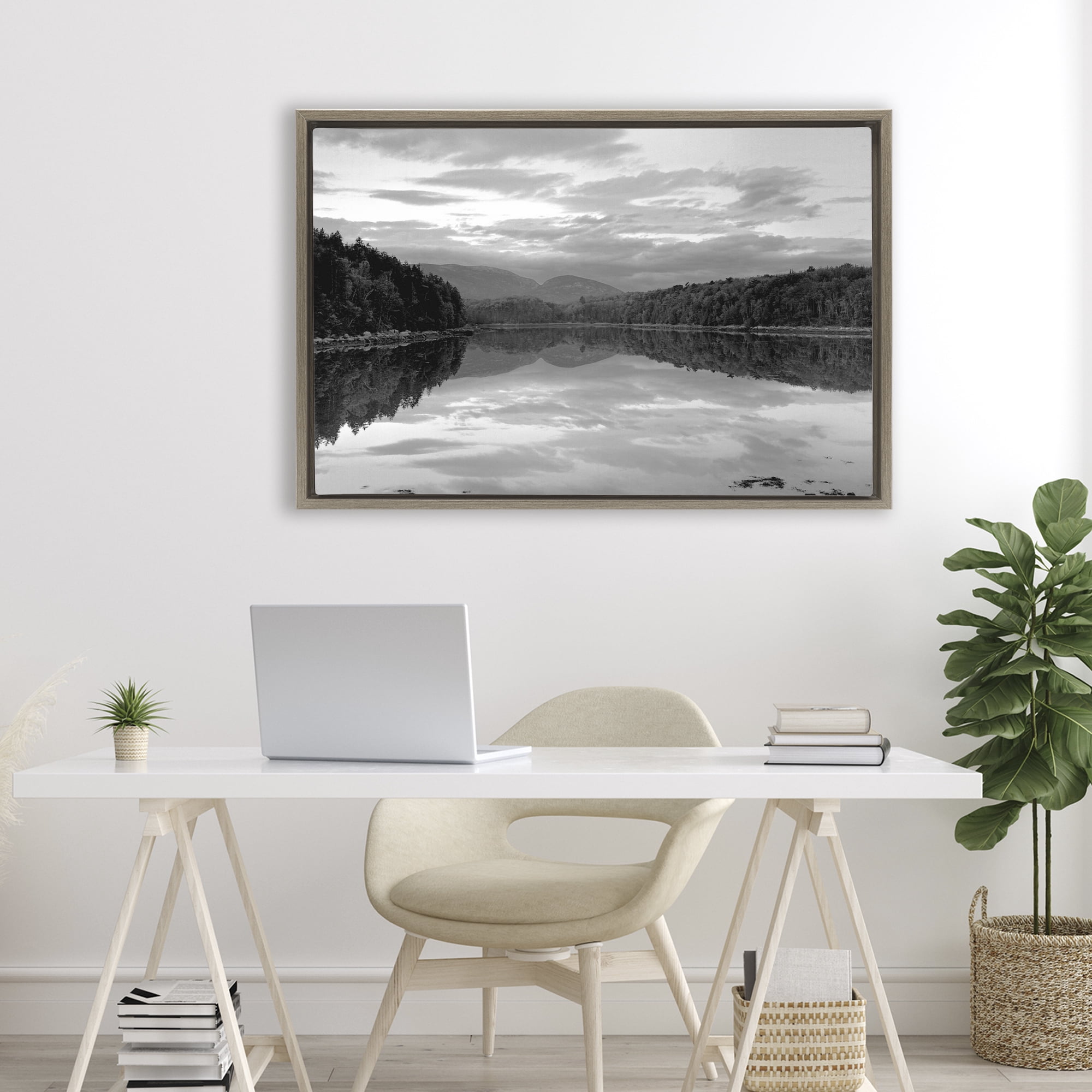 Stupell Industries Acadia Reflection in Monochrome Brown Framed Floater Canvas Wall Art, design by MJ Photography