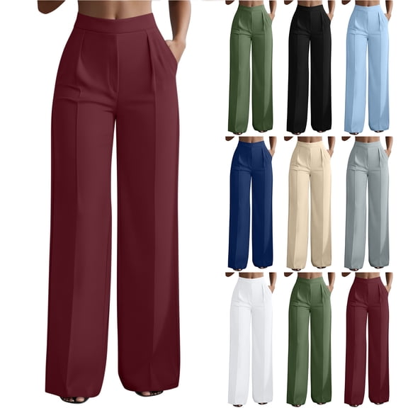 Bloomae Womens Wide Leg Pants High Waist Straight Work Pants Office Business Casual Stretchy Pull on Palazzo Trousers with Pockets