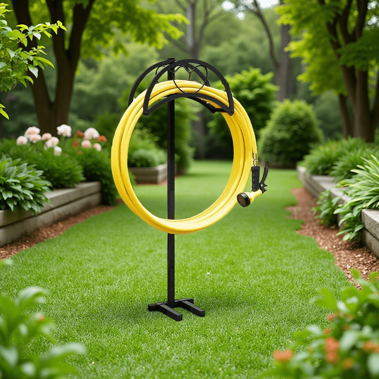 Seamika Garden Hose Holder Freestanding Hose Holder Heavy Duty Metal Hose Reel Stand Water Hose rack For Outside,Black