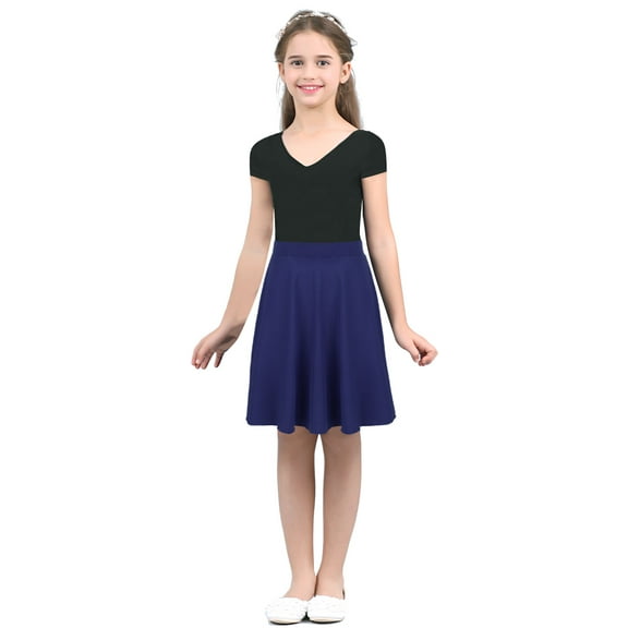 Hansber Kids Girls A Line Dance Skirt School Uniform High-Waisted Full Circle Dress Pleated Mini Navy_Blue 10