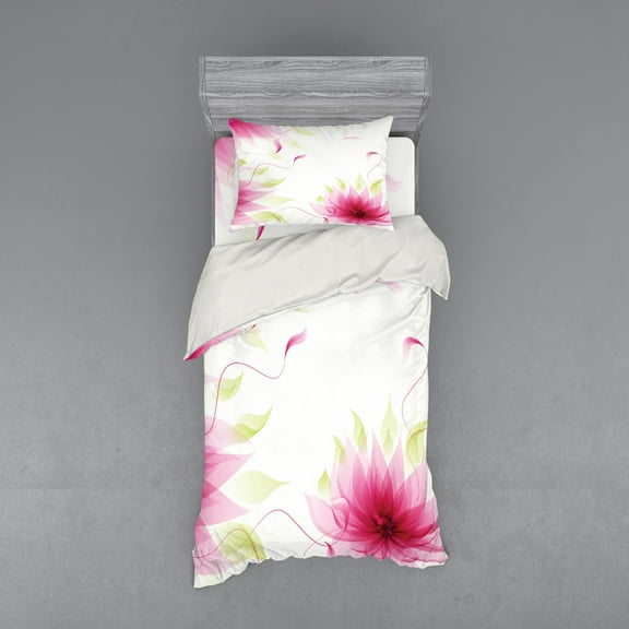 Ambesonne Flower Bedding Set 3 Pcs, Abstract Natural Lotus, Twin, Pink and White