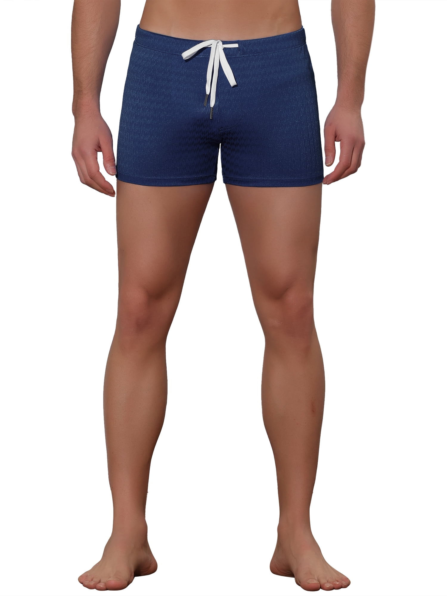 Unique Bargains Men's Solid Color Drawstring Waist Summer Beach Pool Swim Trunks 34 Navy