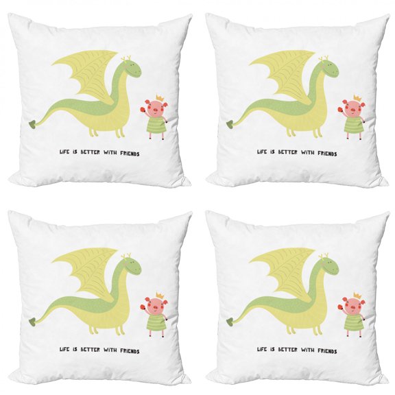 Dragon Throw Pillow Cushion Case Pack of 4, Life is Better with Friends Calligraphy and a Pig, Modern Accent Double-Sided Print, 4 Sizes, Pistachio Green Coral, by Ambesonne
