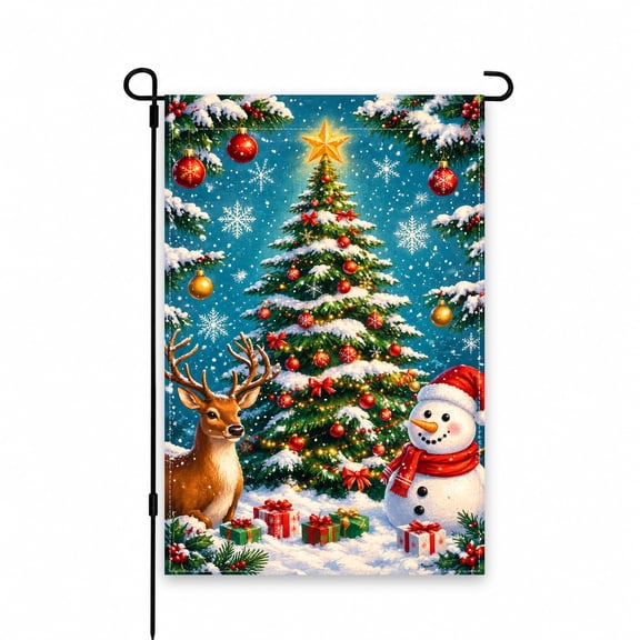 Holiday Christmas Scene Garden Flag, 12 x 18 Inch - Snowman, Reindeer, Christmas Tree & Gifts - Festive Outdoor Decor for Yard, Lawn, Patio, or Porch