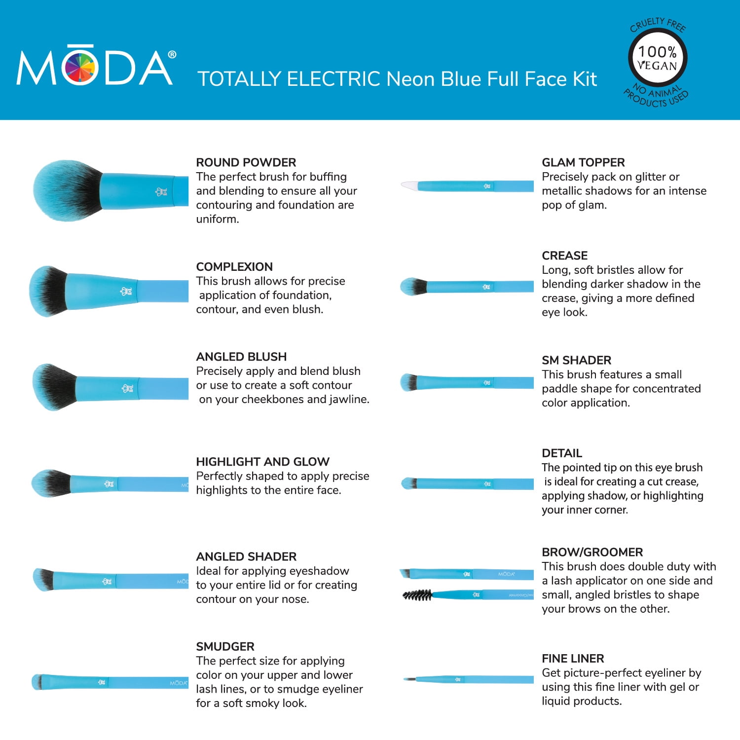 Moda Brush Totally Electric Neon Blue Full Face 13pc Makeup Brush Set