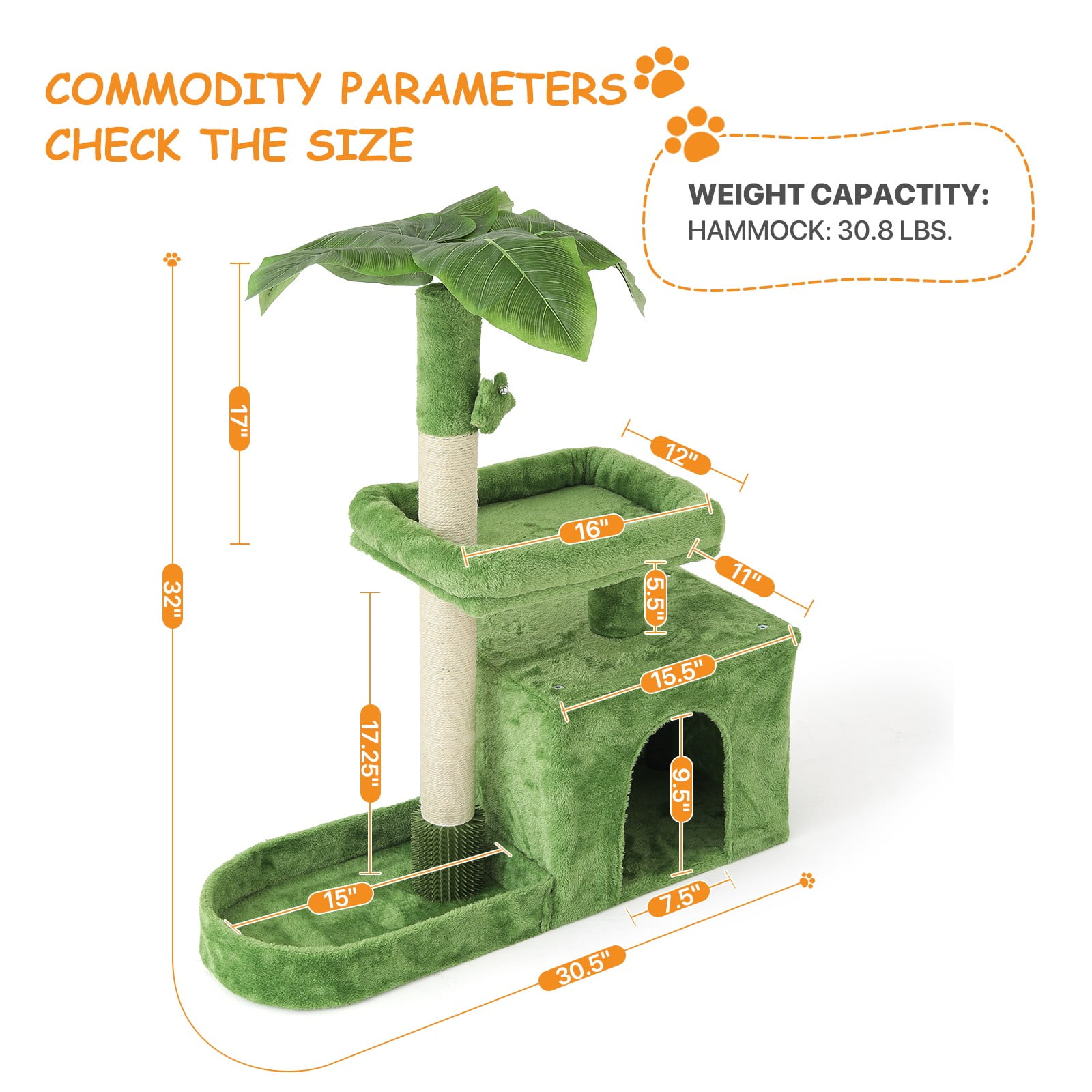 OSM 32 Inch Cat Tree for Kittens and Senior Cats, Low-Profile Cat Tower with Scratching Posts, Cozy Condo, Perch & Hanging Toys, Leaf-Themed Space-Saving Cat House, Green