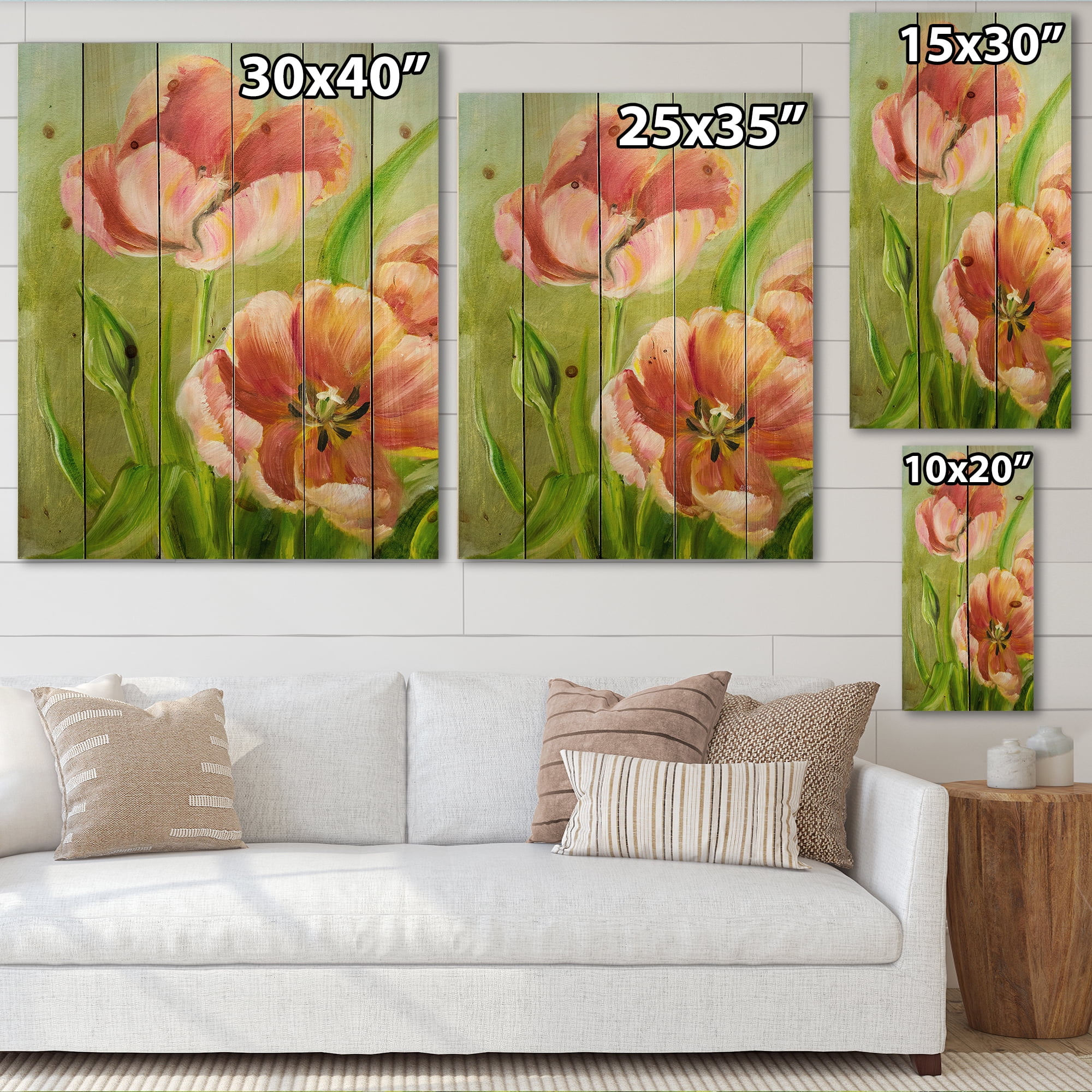 Designart 'Ancient Red Tulips Flowers III' Traditional Print on Natural Pine Wood