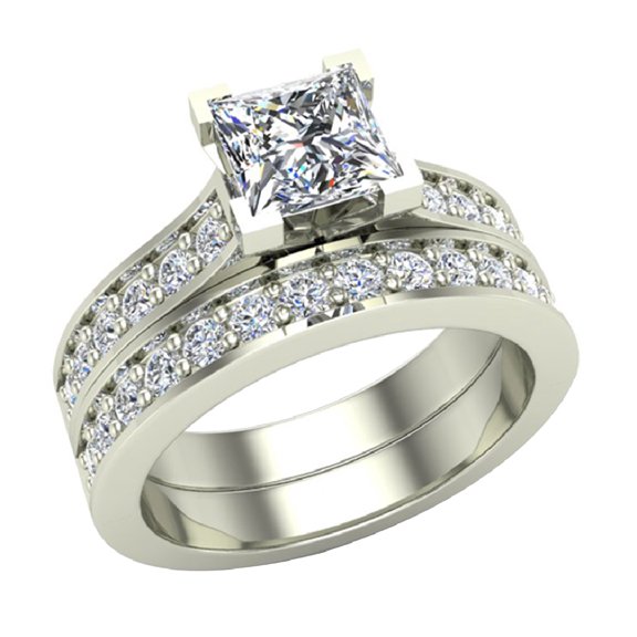 Princess Cut Cathedral Accented Diamond Wedding Ring Set 1.50 CTW 14K White Gold ( G , SI )