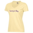 thumbnail image 2 of Women's  Yellow UAlbany Great Danes Script Logo Comfort Wash V-Neck T-Shirt, 2 of 3