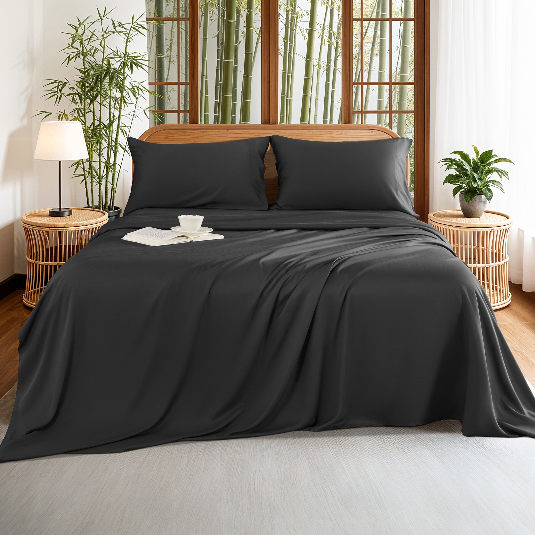 Sonoro Kate 100% Organic Luxurious Bamboo Sheets, King Sheet Set 4-Piece with 16" Deep Pocket, Silky Smooth Luxury Bed Sheets, Black