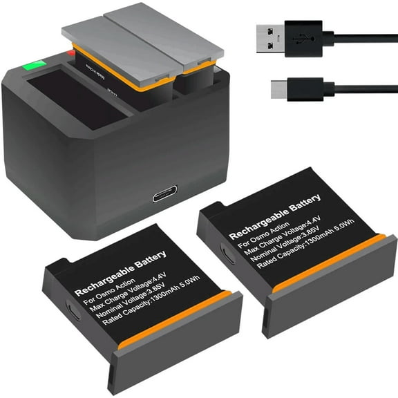 2 Packs Replacement Batteries for DJI Osmo Action Camera 1300mAh Rechargeable Battery and 3-Channel Battery Charger with Type C Port (Not Fit for DJI Osmo Action 3/4 Camera)